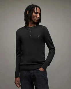 Outlet 👏 Mode Merino Long Sleeve Henley Black 🔔