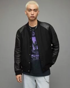 Discount 🥰 Manta Leather Sleeved Bomber Jacket Black 😀