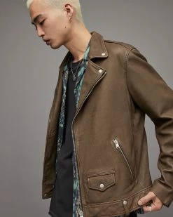 Top 10 😉 Milo Leather Biker Jacket Aged Khaki Green 🔔 -Coats & Jackets Sales ML066W 7351 6